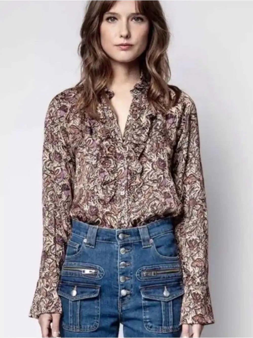 Zadig & Voltaire Floral Tuxedo Ruffle Silky Blouse in Brown and Purple Paisley